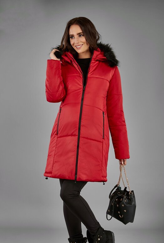 Zimní těhotenská bunda červená s kožíškem