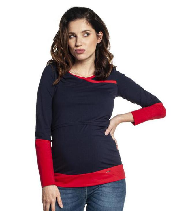 Těhotenské a kojící tričko modro červené dlouhý rukáv 