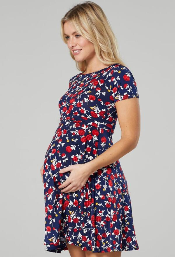 Těhotenské a kojící šaty s červeným květinovým vzorem