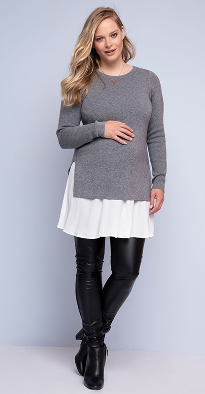 Těhotenská a kojící tunika šedá vrstvená svetr