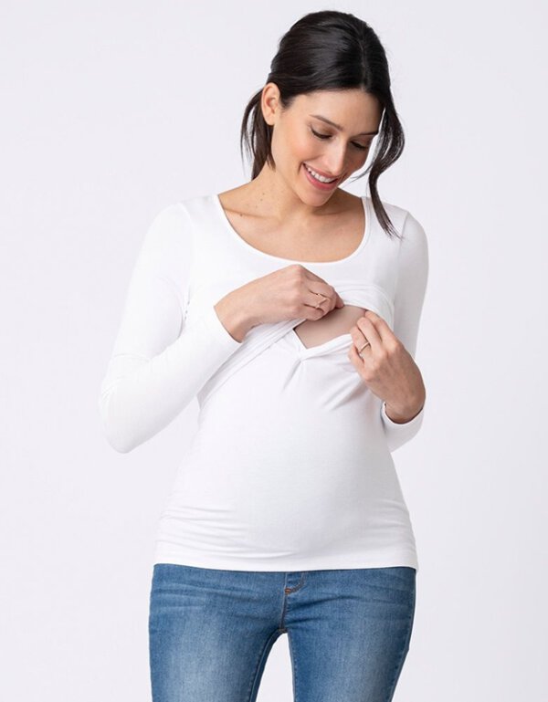 bílé těhotenské a kojící tričko dlouhý rukáv