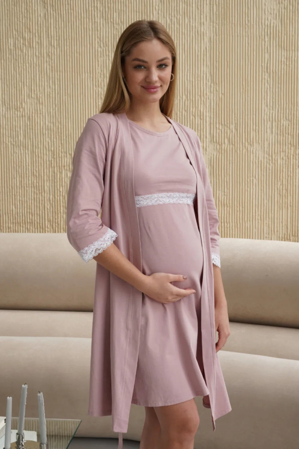 Těhotenská a kojící košilka s župánkem pudrově růžová