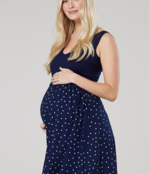 Těhotenské a kojící šaty na ramínka modré s puntíkem