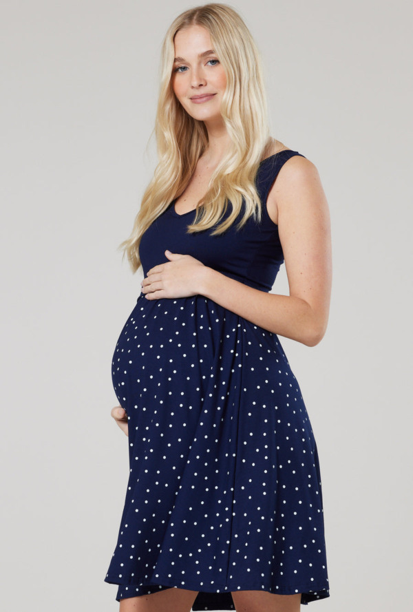 Těhotenské a kojící šaty na ramínka modré s puntíkem